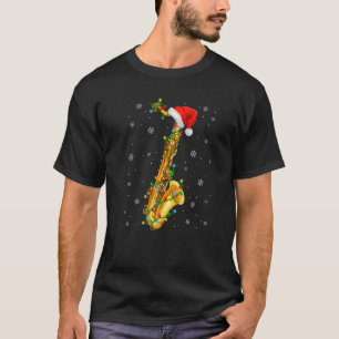 Camiseta Saxofone Music Xmas Lights Santa Hat Natal