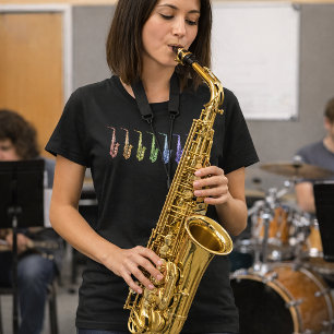 Camiseta Saxofones Arco-Íris Brilhantes Instrumento de Jazz
