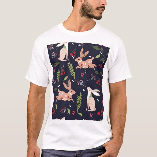 Camiseta Scandinavian Folart Bunny Impressão (Frente)