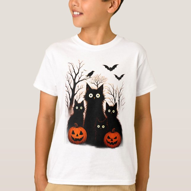 Camiseta Scary Halloween Cats and Bats Design | Dark Horror (Frente)
