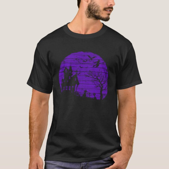 Camiseta Scary Haunted House Halloween Moon Dead Tree & Bat (Frente)