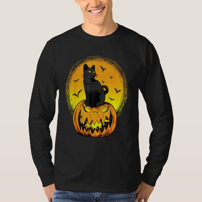 Camiseta Scary Nightcat Black Cat With Yellow Eyes Pumpkin  (Frente)