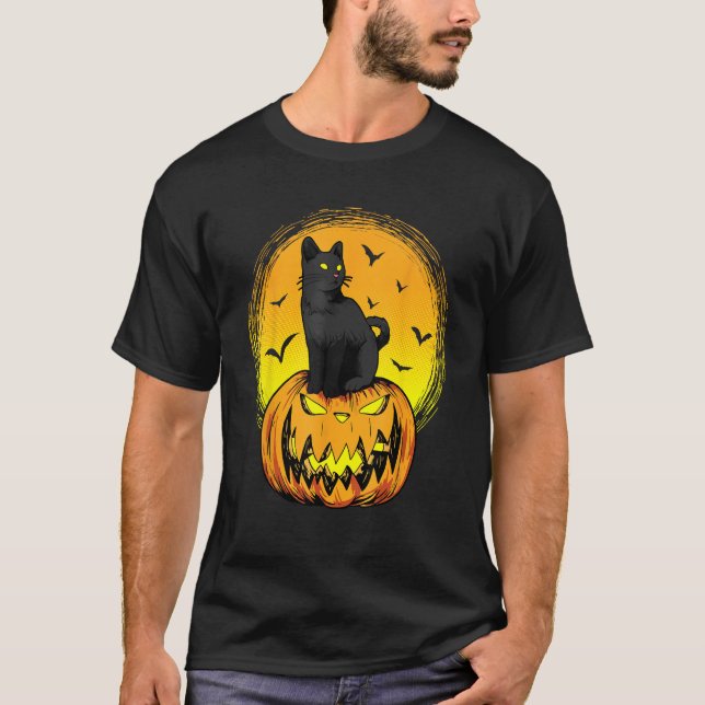 Camiseta Scary Nightcat Black Cat With Yellow Eyes Pumpkin  (Frente)