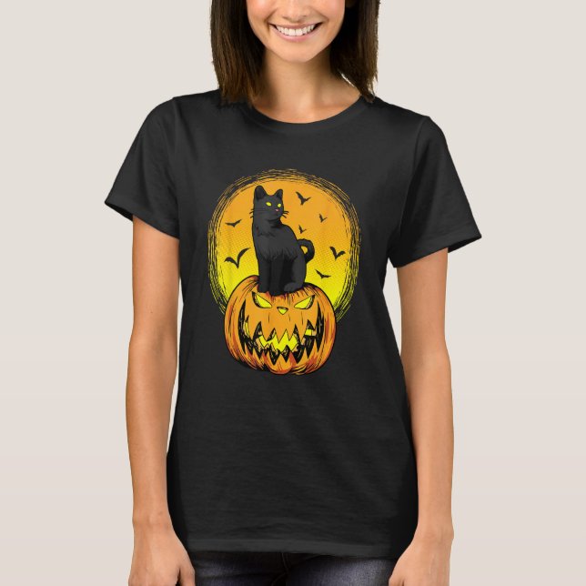 Camiseta Scary Nightcat Black Cat With Yellow Eyes Pumpkin  (Frente)