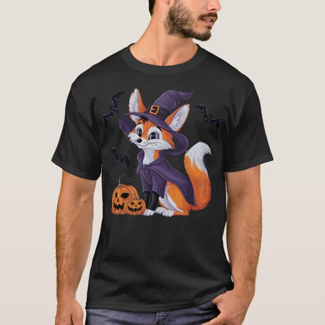 Camiseta Scary Pumpkin Bat Funny Witch Hat Fennec Fox Hallo (Frente)