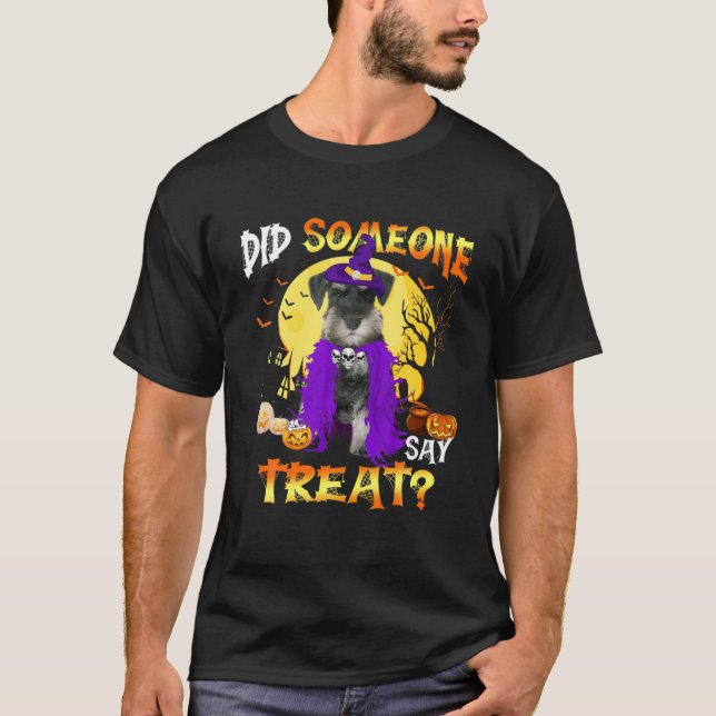 Camiseta Schnauzer Dog Halloween Alguém Disse Tratar (Frente)