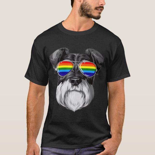 Camiseta Schnauzer Gay Pride Flag LGBT Rainbow Sunglasses f (Frente)