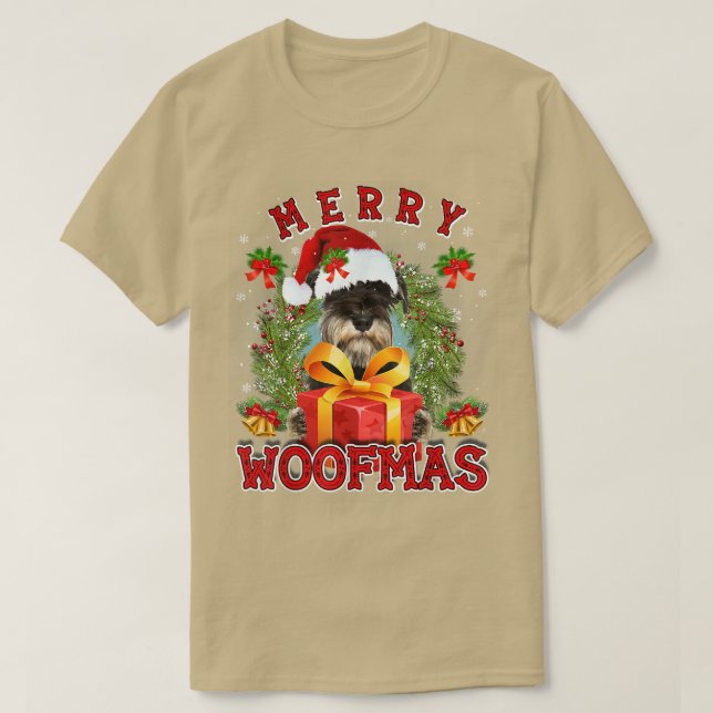 Camiseta Schnauzer Miniatura Feliz Natal Woofmas Luzes de N (Frente do Design)