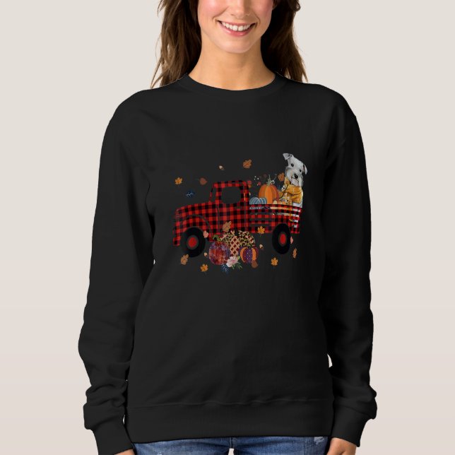 Camiseta Schnauzer Riding Truck Pumpkin Autumn Leaves Fall (Frente)