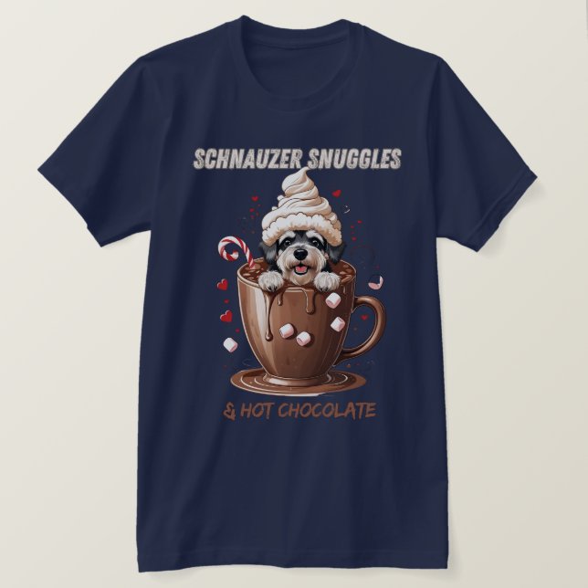 Camiseta Schnauzer Snuggles & Hot Chocolate (Frente do Design)