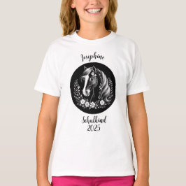 Camiseta Schulkind 2026 - Pferd mit Blumen - schwarz weiß |