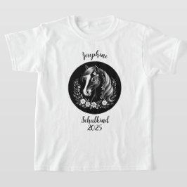 Camiseta Schulkind 2026 - Pferd mit Blumen - schwarz weiß |