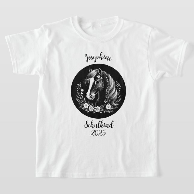 Camiseta Schulkind 2026 - Pferd mit Blumen - schwarz weiß | (Postura )