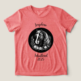 Camiseta Schulkind 2026 - Pferd mit Blumen - schwarz weiß |