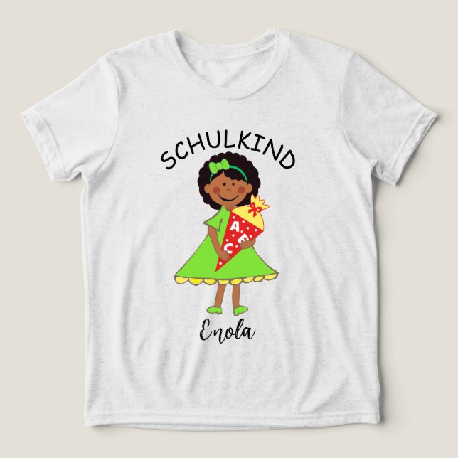 Camiseta Schulkind - Mädchen mit Schultüte - grün 2 | (Design frontal)