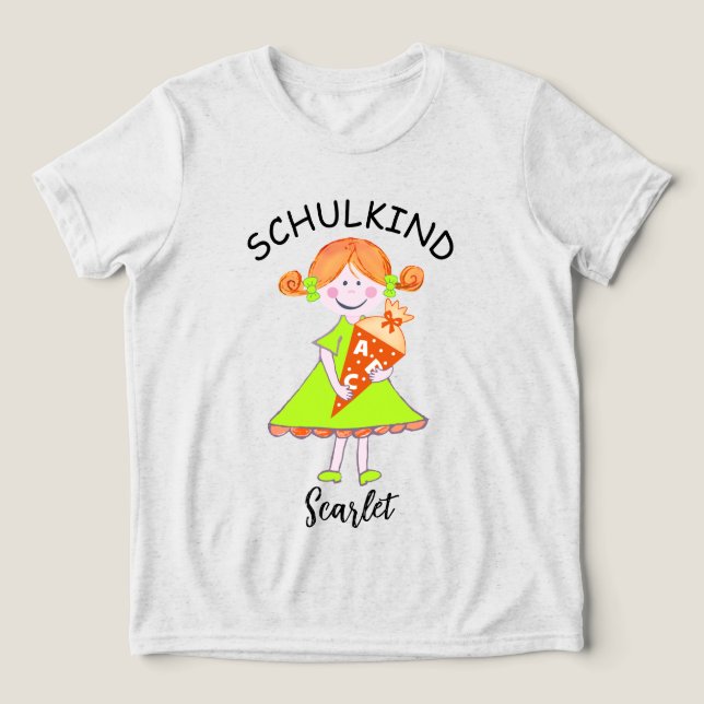 Camiseta Schulkind - Mädchen mit Schultüte - grün 3 | (Design frontal)