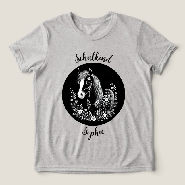 Camiseta Schulkind - Pony mit Blumen - schwarz weiß | (Design frontal)