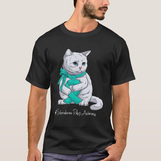 Camiseta Scleroderma Awareness Month Teal Ribbon Cat (Frente)