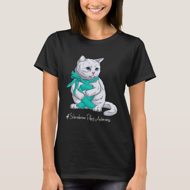 Camiseta Scleroderma Awareness Month Teal Ribbon Cat (Frente)