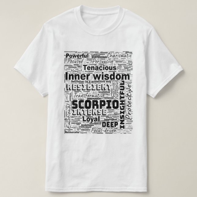 Camiseta Scorpio Zodiac Word Cloud Inspiração (Frente do Design)