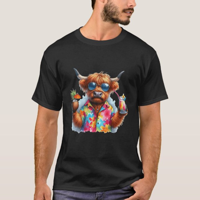 Camiseta Scottish Highland Cow onropical Vacation Drinking  (Frente)
