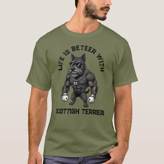 Camiseta Scottish Terrier, muscular, tattooed, bodybuilder (Frente)