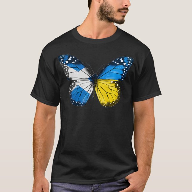 Camiseta Scottish Ucraniano Flag Butterfly Scotland Ucrânia (Frente)