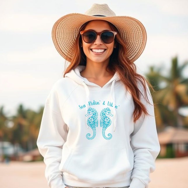 Camiseta Seacavalos-Pescador Core-Havaí Tropical-Azure (Sea Horse-Fisherman Core-Hawaiian-Tropical-Beach Hoodie-Summer Trend-Azure )