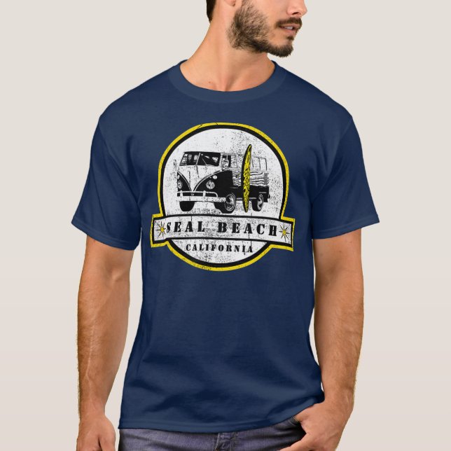 Camiseta Seal Beach California Hippie Van Surfer (Frente)
