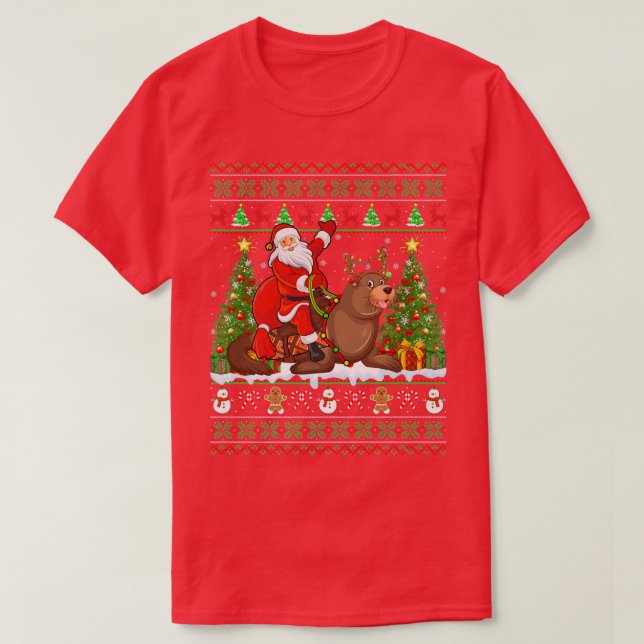 Camiseta Seals Lover Funny Ugly Santa Riding Seals Christma (Frente do Design)