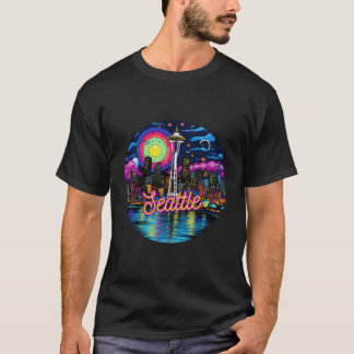 Camiseta Seattle Washington EUA Colorida Retrô-Pop Art Trav