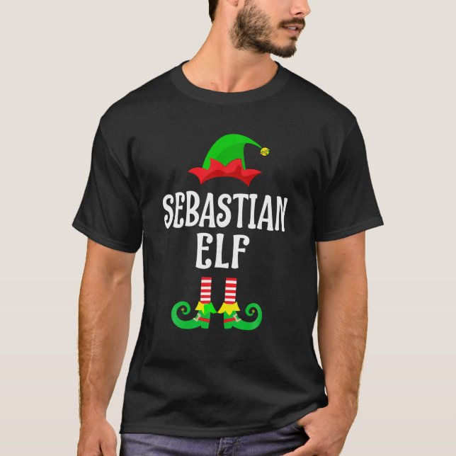 Camiseta Sebastian Elf Personalizado Nome Família Natal M (Frente)