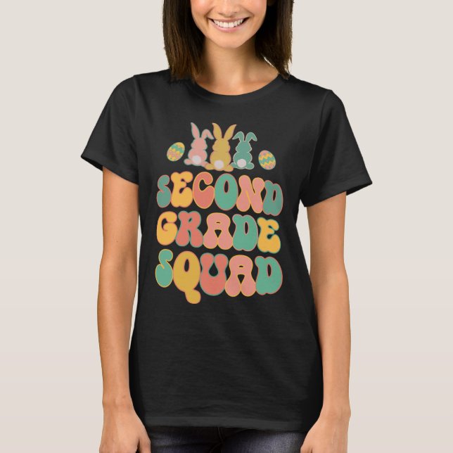 Camiseta Second Grad Squad Teacher  Retro Groovy Easter Bun (Frente)