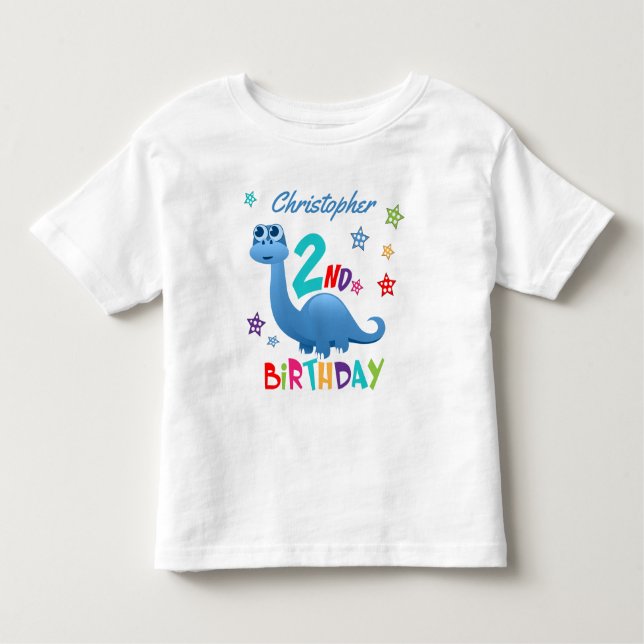 Camiseta Segundo aniversário Personalizado de Dinossauro Az (Frente)