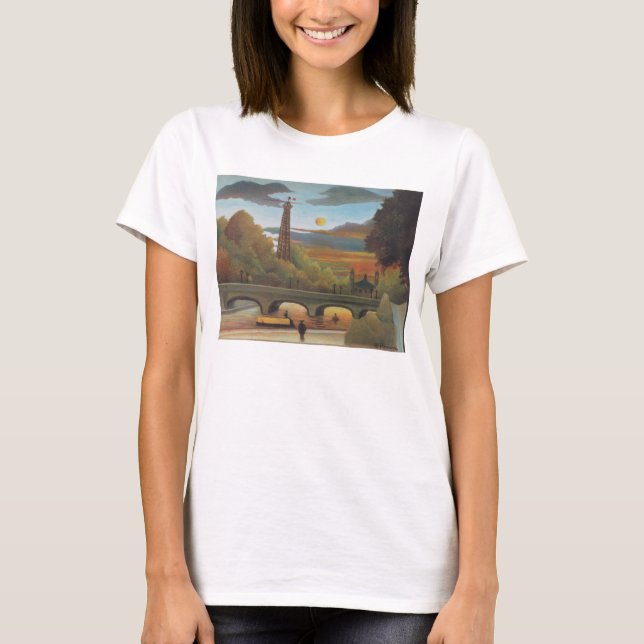 Camiseta Seine e Eiffel Tower no Sunset por Henri Rousseau (Frente)