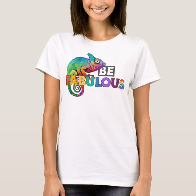 Camiseta Seja fabuloso! Com o camaleão de cor arco-íris (Frente)