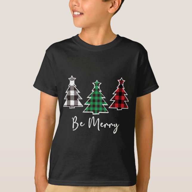 Camiseta Seja Feliz Árvores de Natal Búfalo-Xadrez (Frente)