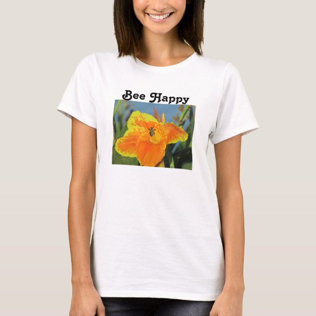Camiseta Seja Feliz Bebê, Pun Brilho Flor Laranja Foto Flor (Frente)