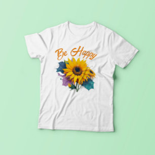 Camiseta Seja feliz com citação inspiradora com girassol