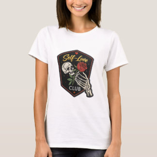 Camiseta Self-Love Club skeleton hand holding rose badge