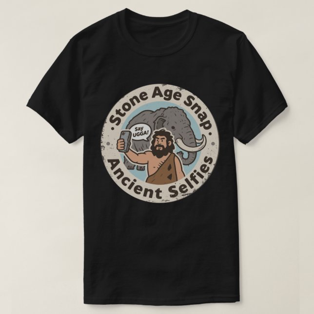 Camiseta Selfie Antiga do Homem das Cavernas com Mamute (Frente do Design)