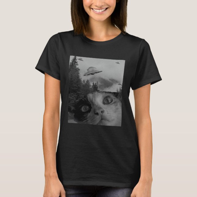 Camiseta Selfie Cat Meme UFO Sighting Alien Conspiracy Sci  (Frente)