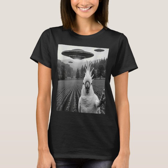 Camiseta Selfie de Cacatua com OVNI Alien Engraçado Pássaro (Frente)