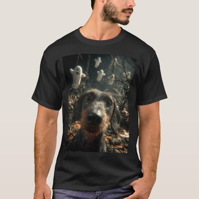 Camiseta Selfie de Dachshund com Espíritos na Floresta Asso (Frente)