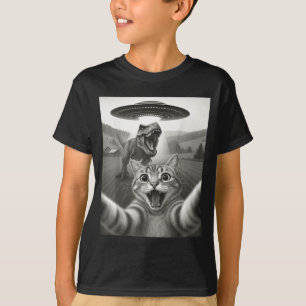 Camiseta Selfie de Gato com Alien OVNI &amp; Dinossauro T-r
