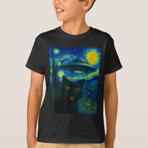 Camiseta Selfie de Gato com Alien Ufo Noite Van Gogh Homens