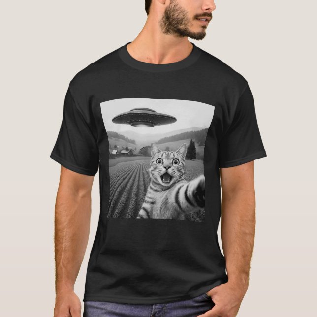 Camiseta Selfie de Gato com OVNI Alien Presentes Divertidos (Frente)