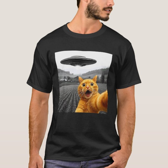 Camiseta Selfie de Gato com OVNI Alien Presentes Divertidos (Frente)