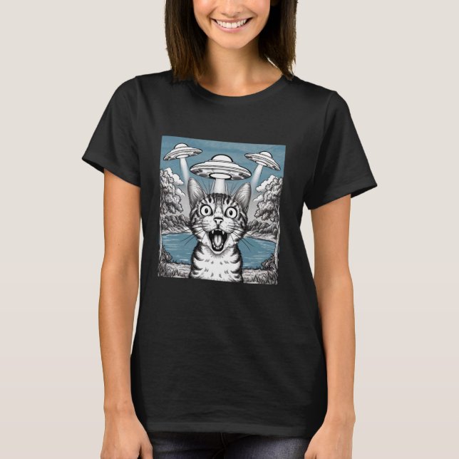 Camiseta Selfie de Gato com OVNI Alien Presentes Divertidos (Frente)