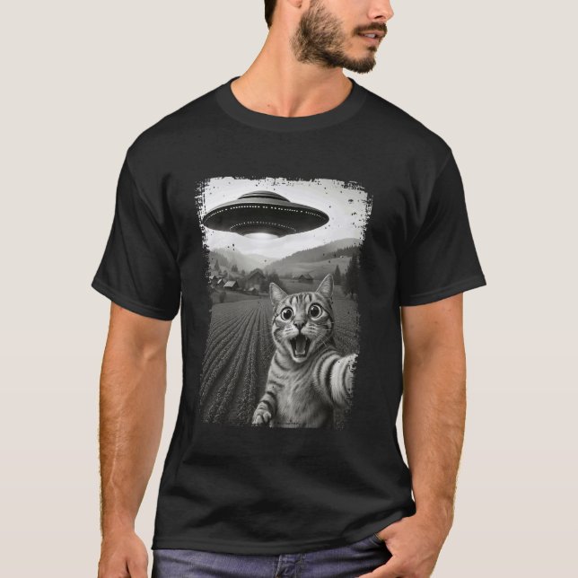Camiseta Selfie de Gato com OVNI Alien Presentes Divertidos (Frente)